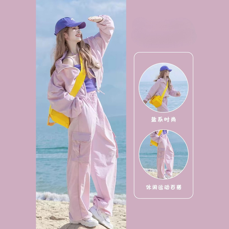女性用ソルトフライストリートスポーツウェアスーツ、夏のゆったりとしたファッショナブルな日焼け止めジャケット、ズボン、カジュアルランニングレディースウェアトレンド|undefined