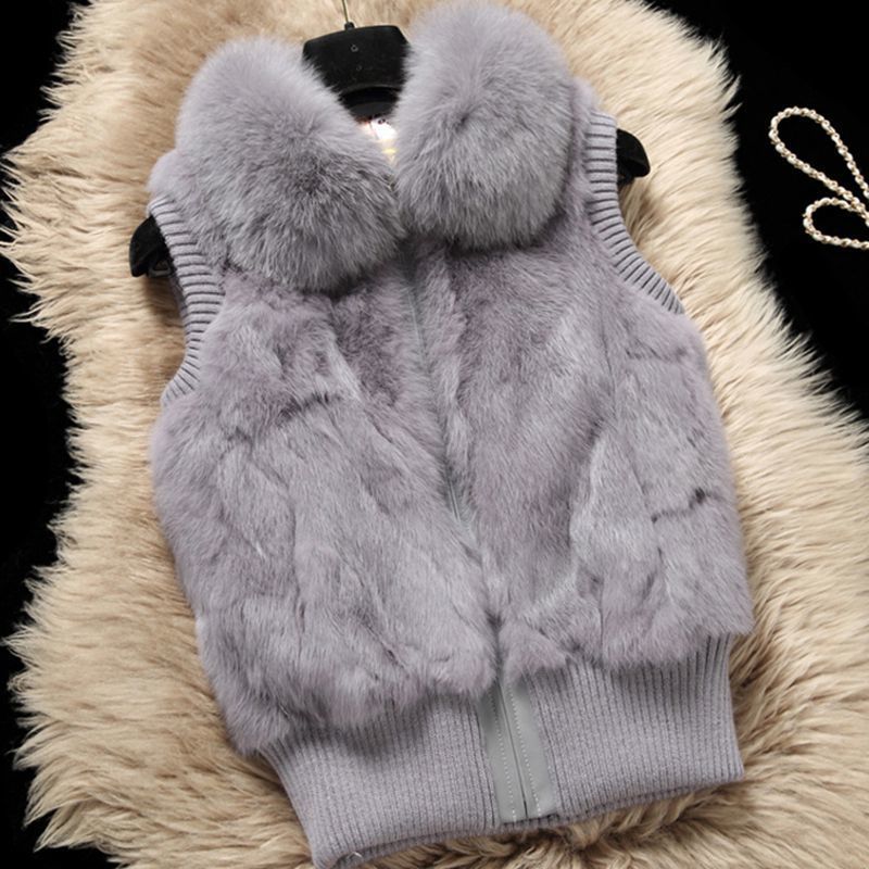 整皮真毛兔毛皮草外套女马甲海宁狐狸毛领整皮无袖背心加大码坎肩