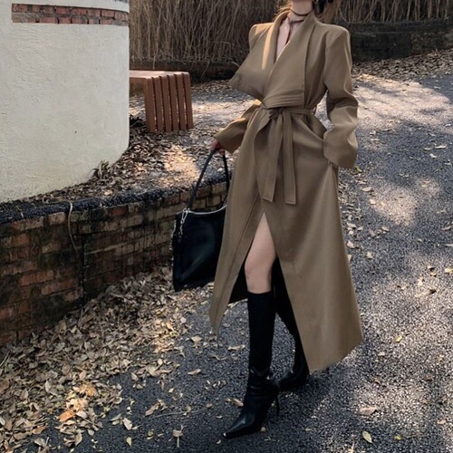 Women's 2025 Spring Casual Loose Fit Slimming High-Grade Black Long Sleeve Trench Coat with Large Collar Open Top