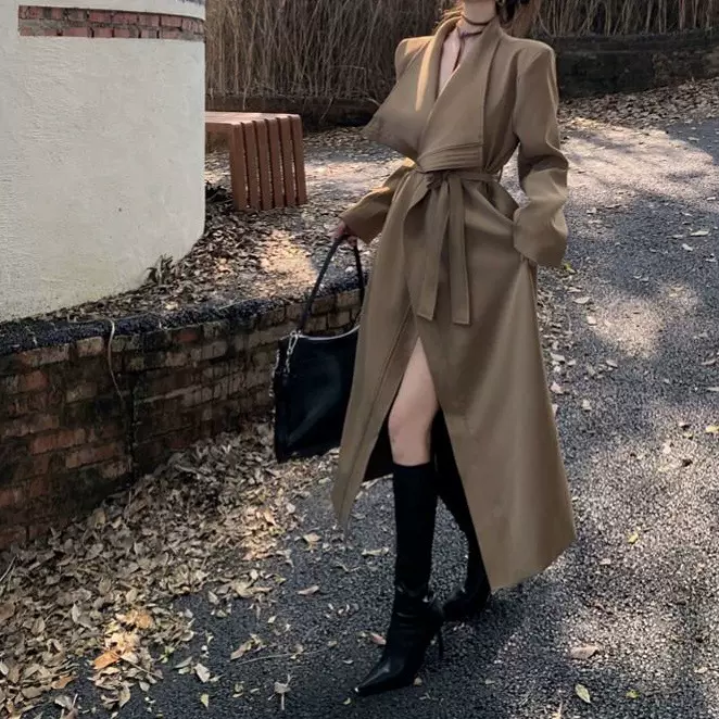 高级感黑色长袖风衣外套女2025春季休闲宽松显瘦大翻领开衫上衣