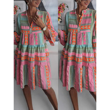 跨境外贸女装独立站亚马逊2023新款欧美秋装印花V领七分袖连衣裙