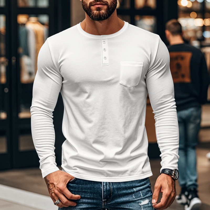 Herr t-shirt slim fit långärmad rund hals för höst och vinter_voghion.com