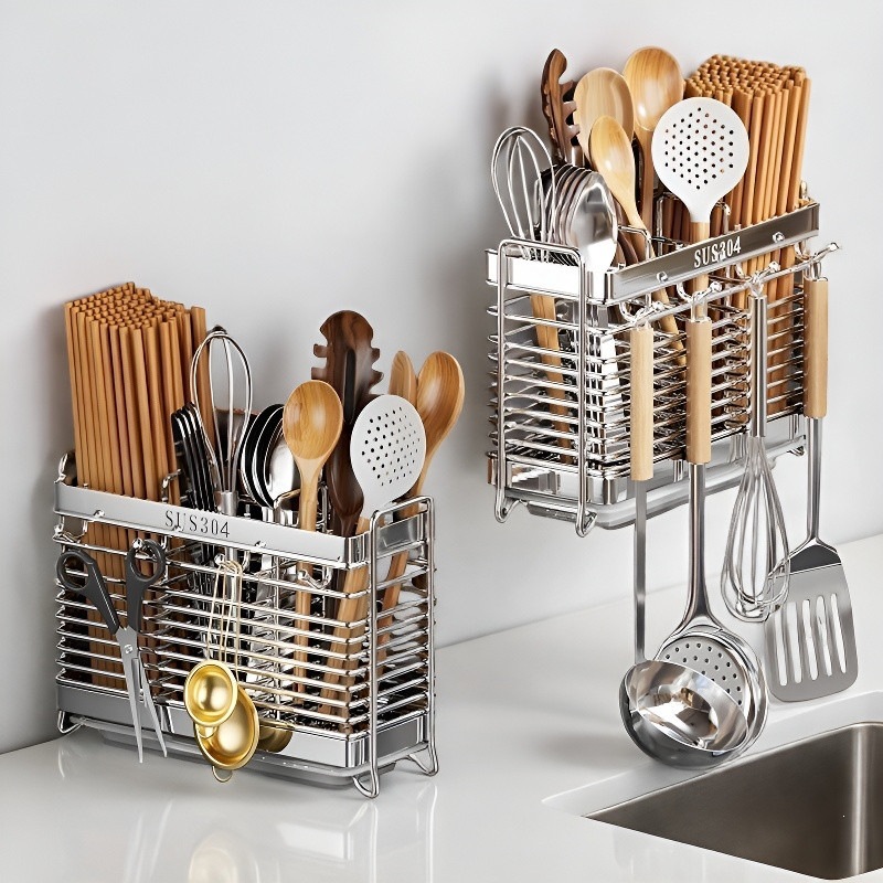 304 stainless steel wall-mounted chopstick holder, chopstick storage box, household chopstick cage, kitchen utensil rack, spoon and chopstick basket