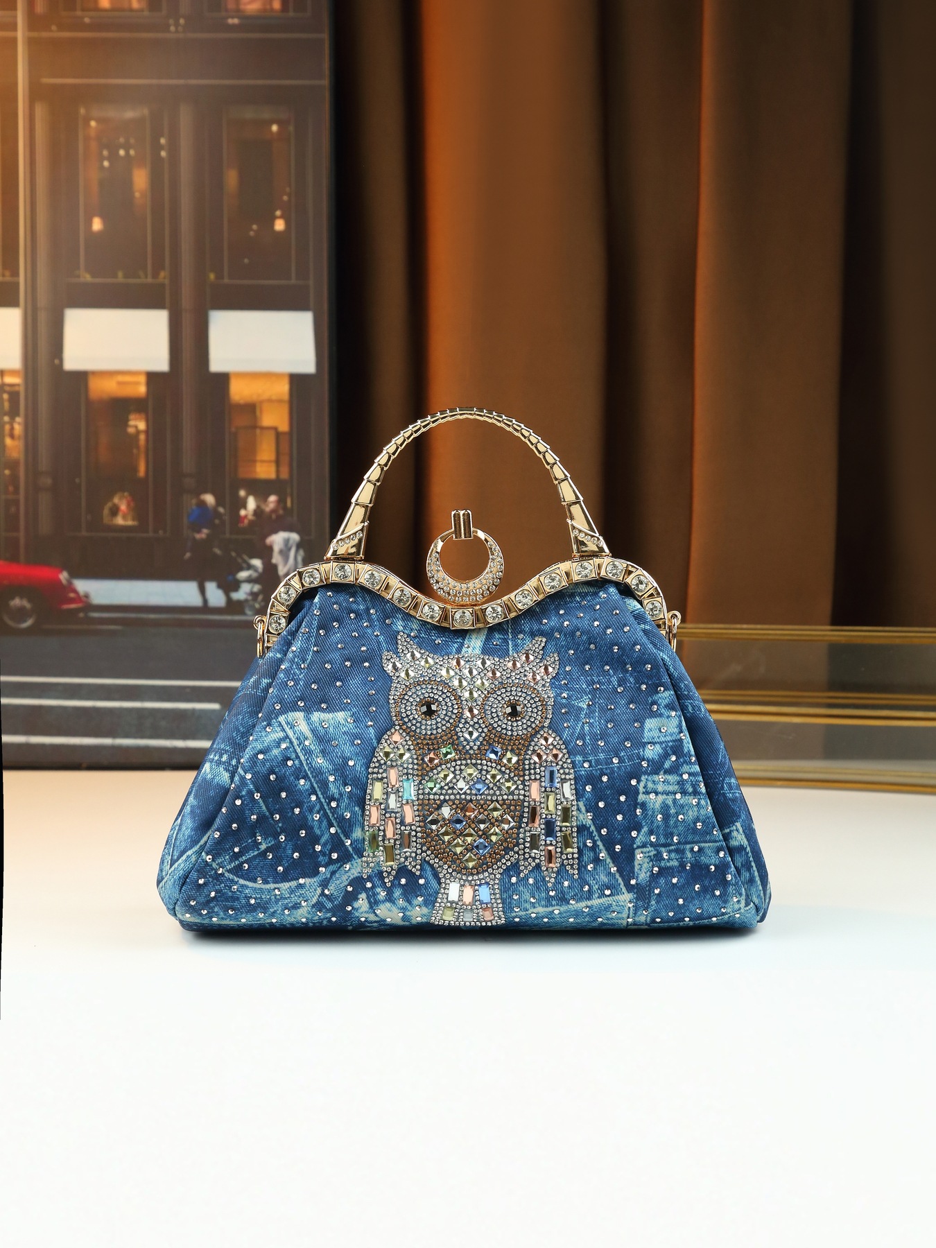 Borsa a tracolla elegante da donna in jeans con strass gufo_voghion.com