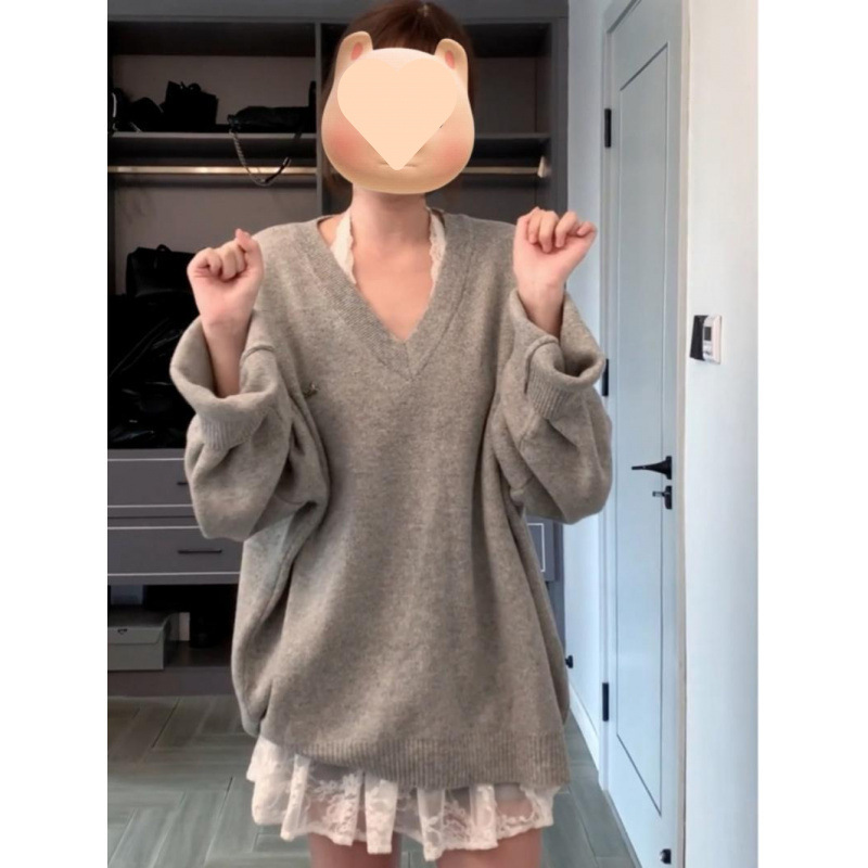 Women's 2025 early autumn new lazy style loose sweater long sleeve knitted sweater lace halter neck dress