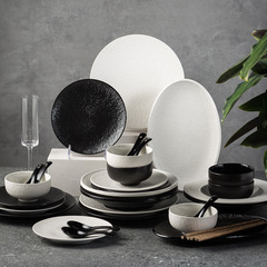 European-style ceramic tableware set for hotels and western restaurants, bowls, plates, black and white, household use, dinner plates, fish plates, rice bowls, soup plates