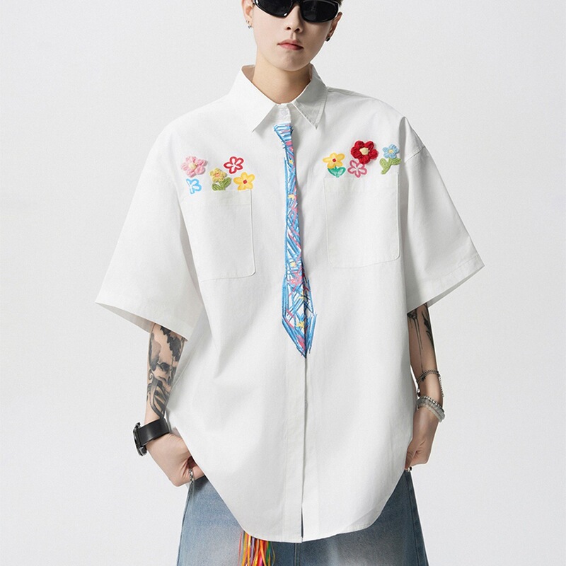 American Hand-Painted Graffiti Shirt Men's Summer Niche Trendy Brand Design Short-Sleeved Shirt College Style Floral Top