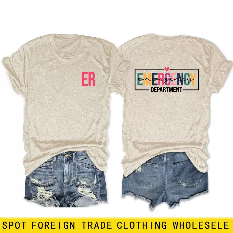 亚马逊新款双面印花短袖上衣emergency department字母休闲T恤衫