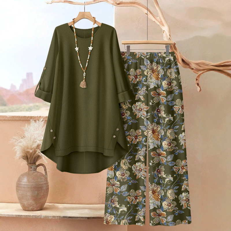 Cross-Border Plus-Size Women's Clothing Printed Mid-Sleeve Top Floral Wide-Leg Pants Casual Two-Piece Multi-Color Set Cross-Border Plus-Size Women's Clothing Printed Mid-Sleeve Top Floral Wide-Leg Pants Casual Two-Piece Multi-Color Set