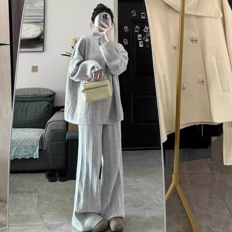 慵懒风冬季穿搭一整套装女棉服保暖马甲高领宽松毛衣阔腿裤三件套|undefined