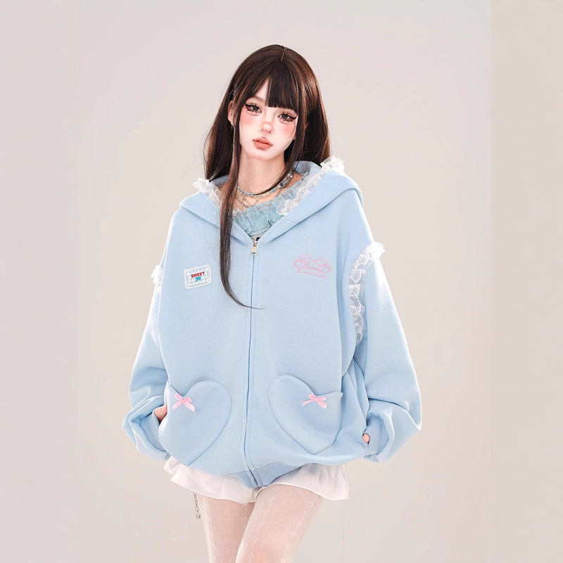 Korean Lace Rabbit Ear Hooded Sweatshirt Jacket for Women Spring & Fall Casual Sweet and Cute Little Zipper Cardigan Top