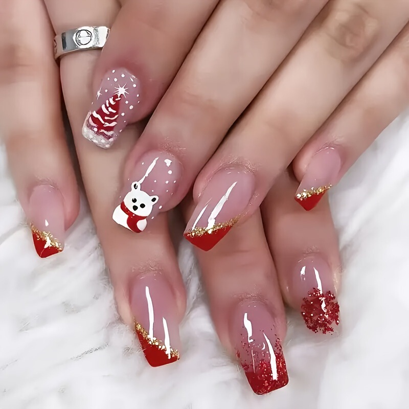 Christmas Fake Nails Square Medium Length Glossy Surface Animal and Holiday Pattern Nail Art Dressing