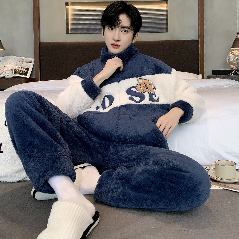 Autumn and Winter New Thickened Coral Fleece Pajamas Men's Casual Zipper Plus Size suit Winter Warm Home Clothes