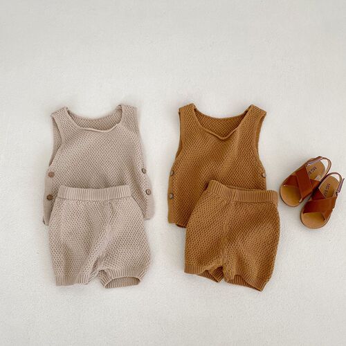  summer ins baby knitted sweater thin vest buttoned top + shorts 2-piece suit for male and female babies