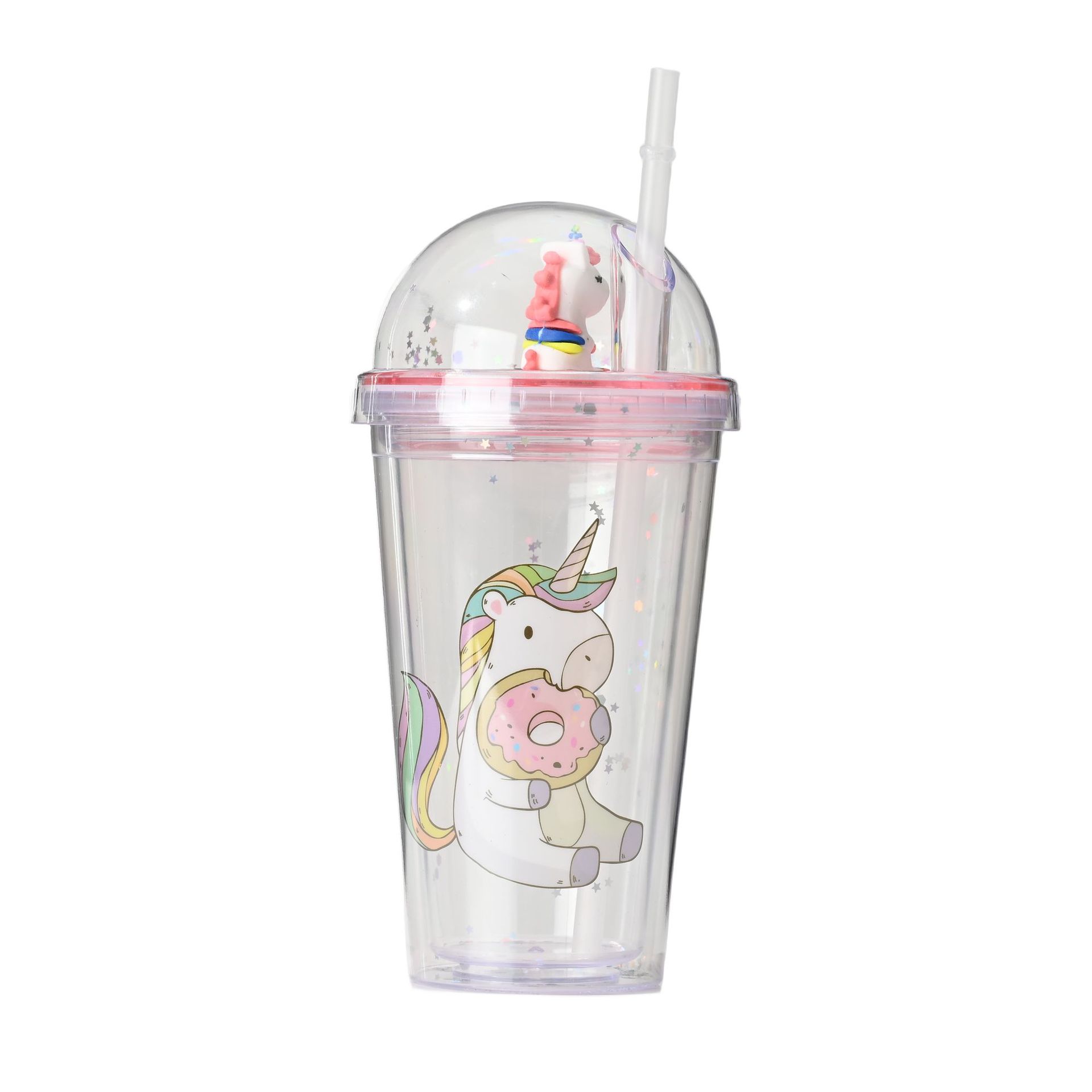 Internet celebridad de dibujos animados unicornio taza de agua de doble capa de plástico de hielo taza de trituración taza de paja taza de alto aspecto estudiante taza de los niños