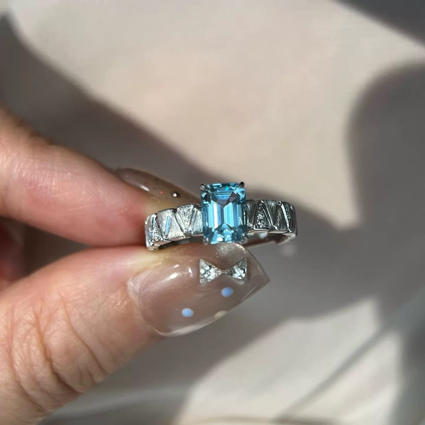 天然圣玛利亚1.17克拉海蓝宝PT950铂金祖母绿切戒指配钻天然钻石