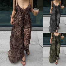 欧美新款辣妹性感豹纹露背 v领夏季吊带连衣长裙