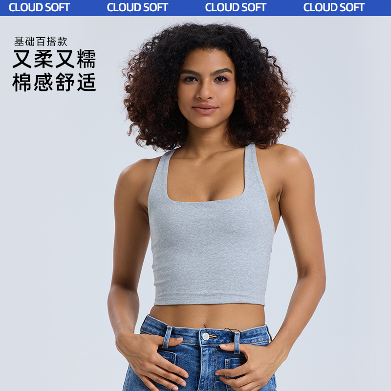 Nuevo chaleco de yoga de algodón transfronterizo europeo y americano, alto elástico, transpirable, delgado y ajustado con cuello en U, hermoso top deportivo con espalda