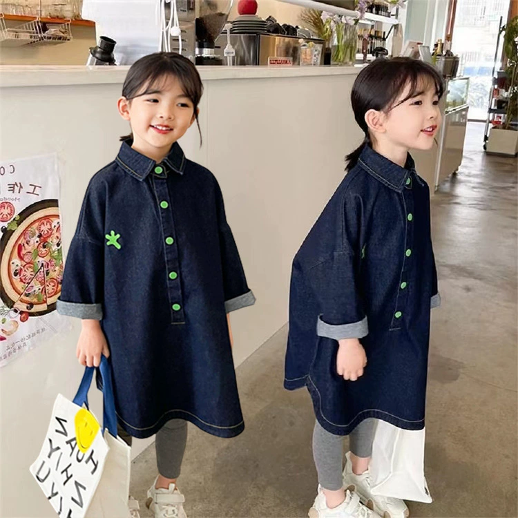 Детская одежда Pingtou, длинное пальто для девочек, модная свободная джинсовая юбка в Корейском стиле, весенне-осеннее платье для девочек