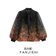 ZR外贸批发 欧美风女装 法式小众蝴蝶结系带设计感欧根纱印花衬衫