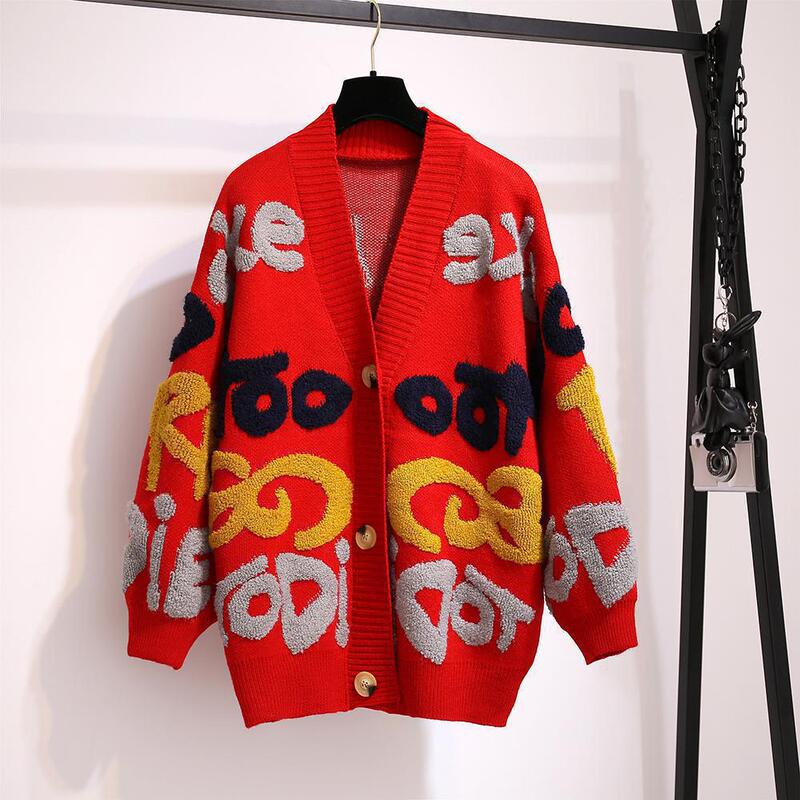 2025 Spring and Autumn New Women's Jacket Large Lazy Style Lettering V Neck Mid-Length Jacquard Knitted Cardigan Women's Trendy