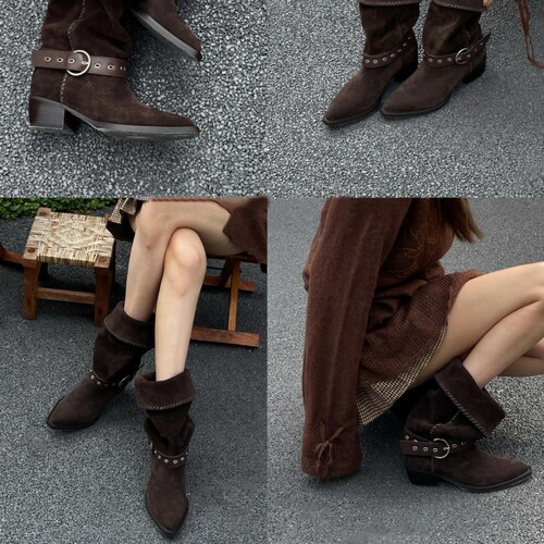 New Retro Thick Western Block Heels Wide Leg Mid-Calf Boots pointed toe leather strap buckle trendy faux leather knight boots