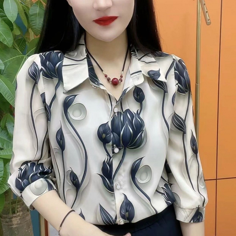 ママの服 2024 秋の新女性のファッショナブルなプリント花柄ラペルシャツ女性の夏のお腹カバートップ|undefined
