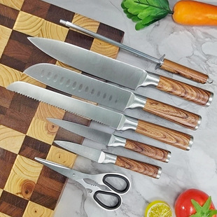 Straight Handle Hollow Handle Chef's Knife Bread Japanese Knife Multi-Purpose Knife Fruit Knife Stainless Steel Kitchen Knife Set with Coating Process