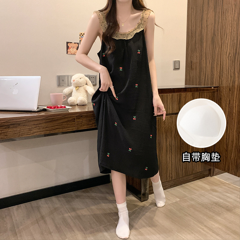 2025 pijama de verano encaje pijama de cuello redondo nubes de algodón cómodas transpirables dulces pequeñas cereza se puede usar ropa para el hogar