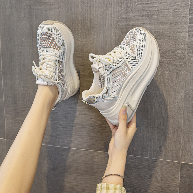 White Rhinestone Platform Sneakers Women's Lace-up Trainers_voghion.com