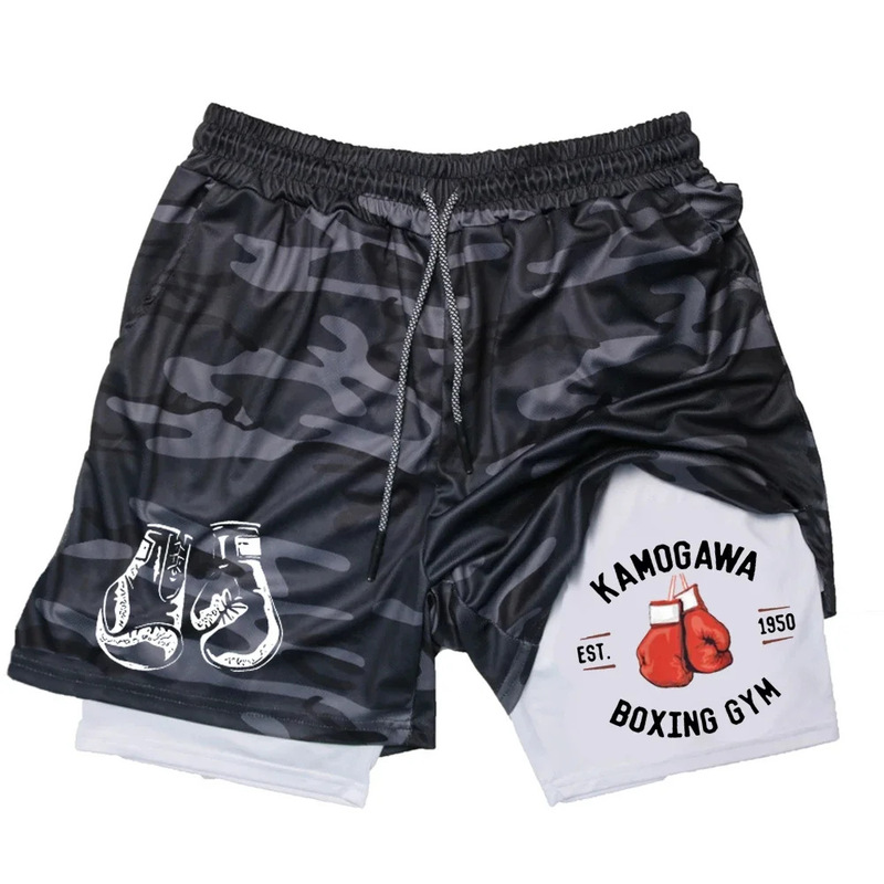 Boxing Hall Printed Shorts Men's 2-1 Layer Double Layer Quick Dry Beach Shorts Run Basketball Summer Compression