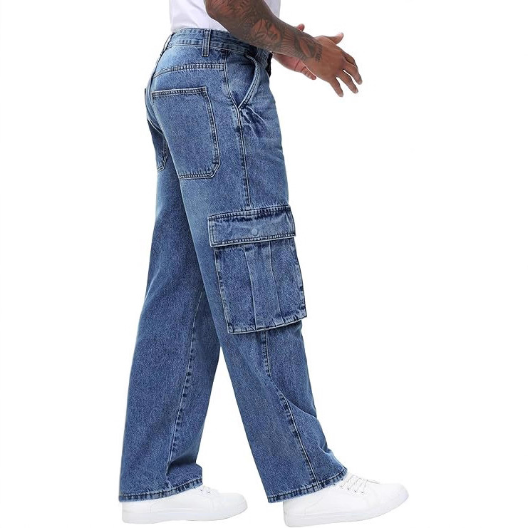 Jeans Rectos con Múltiples Bolsillos para Hombre, Mezcla de Algodón, Elásticos, Corte Holgado, para Uso Diario
