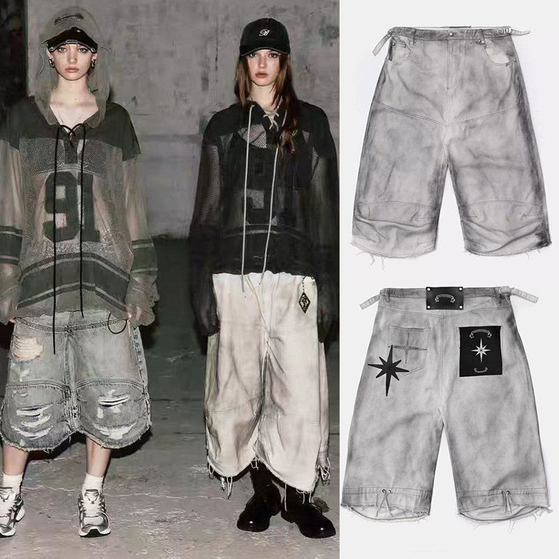 Badblood American Retro Distressed Washed Dirty Dyed Casual Denim Cropped Pants Hot Girl Street Style Wide-Leg Pants Trendy