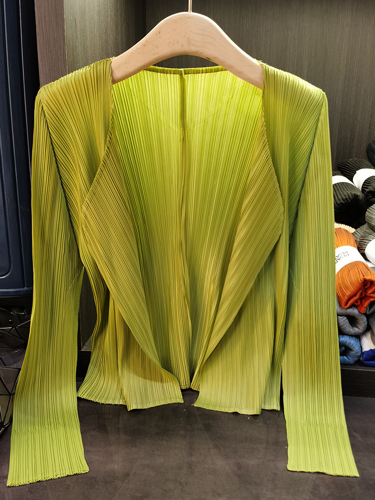 Áo cardigan nữ tay dài xếp ly không cài khuy, phong cách đơn giản cao cấp mùa xuân hè — Màu xanh lam nhạt, Màu đen, Xanh Lông Công, Màu hồng