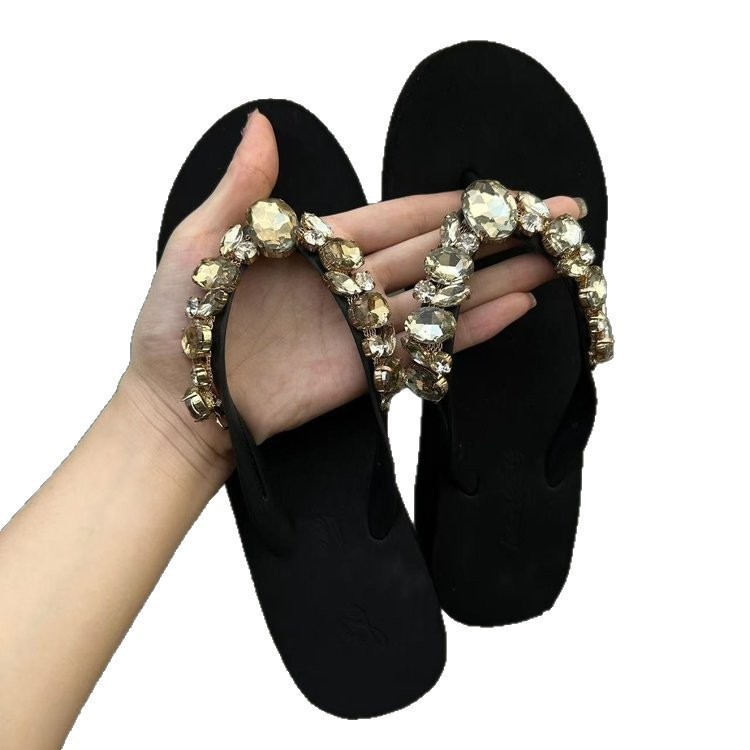 Corea del Sur tacones gruesos diamante flip flops para mujeres 06 verano nuevo anti-deslizante aumento de altura de playa de vacaciones sandalias