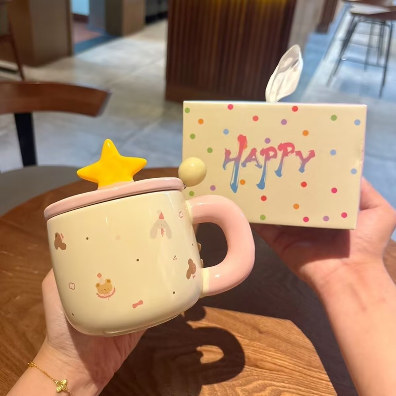 かわいいスター蓋カップ漫画セラミックマグ高価値水カップ蓋付き誕生日ギフト女の子のお土産|undefined