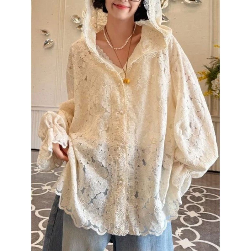 Plus-Size Off-White Hooded Lace Long-Sleeve Shirt for Women, Early Summer, Loose Fit, Sun Protection, Flattering for Curvy Figures