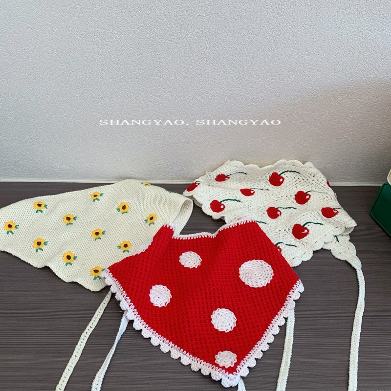 田園風兒童手工三角頭巾個性大圓點櫻桃女童寶寶針織帽型綁發髮帶