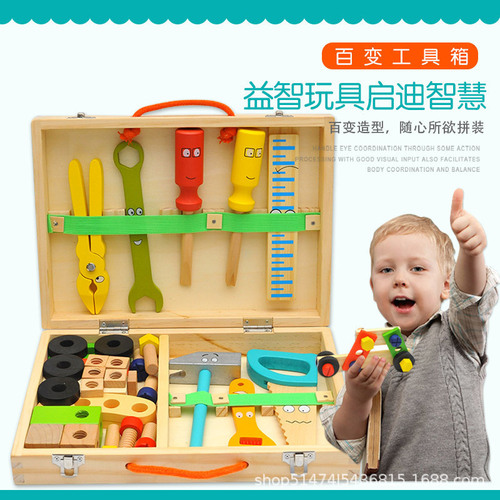 跨境木质儿童仿真卡通 工具箱 拆装修理螺丝螺母组合男孩礼物玩具