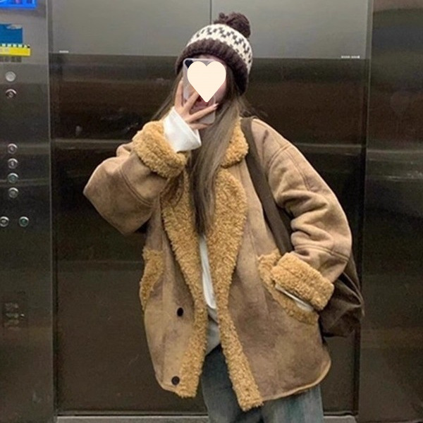 皮毛一体麂皮绒外套女2025新款秋冬季羊羔毛加厚棕色机车服皮夹克