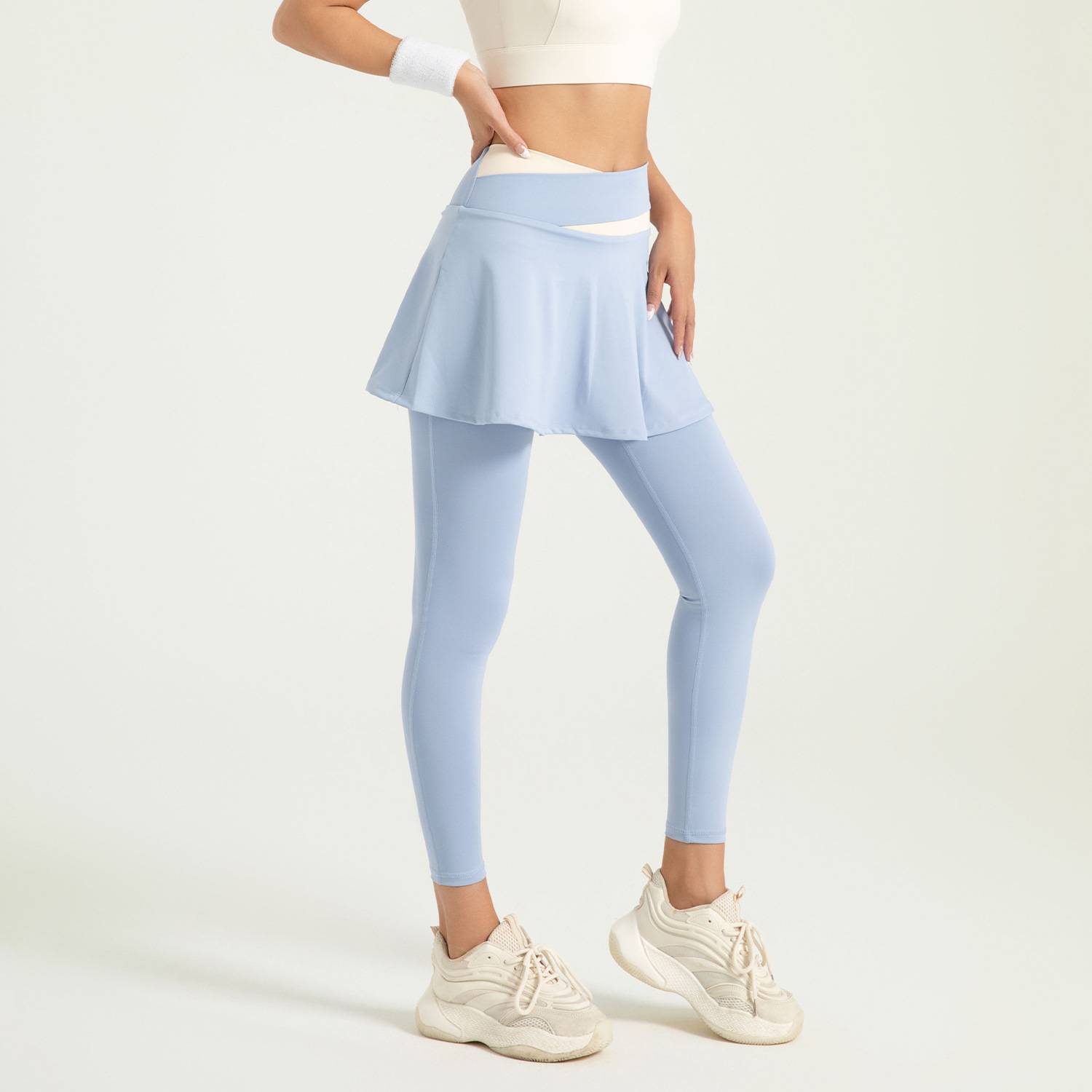 Juyi Tang área especial transfronteriza nuevo falso dos piezas anti-caminar pantalón de calzado brillante desnudo sensación de alto elástico color combinado cintura alta elevación de cadera fitness