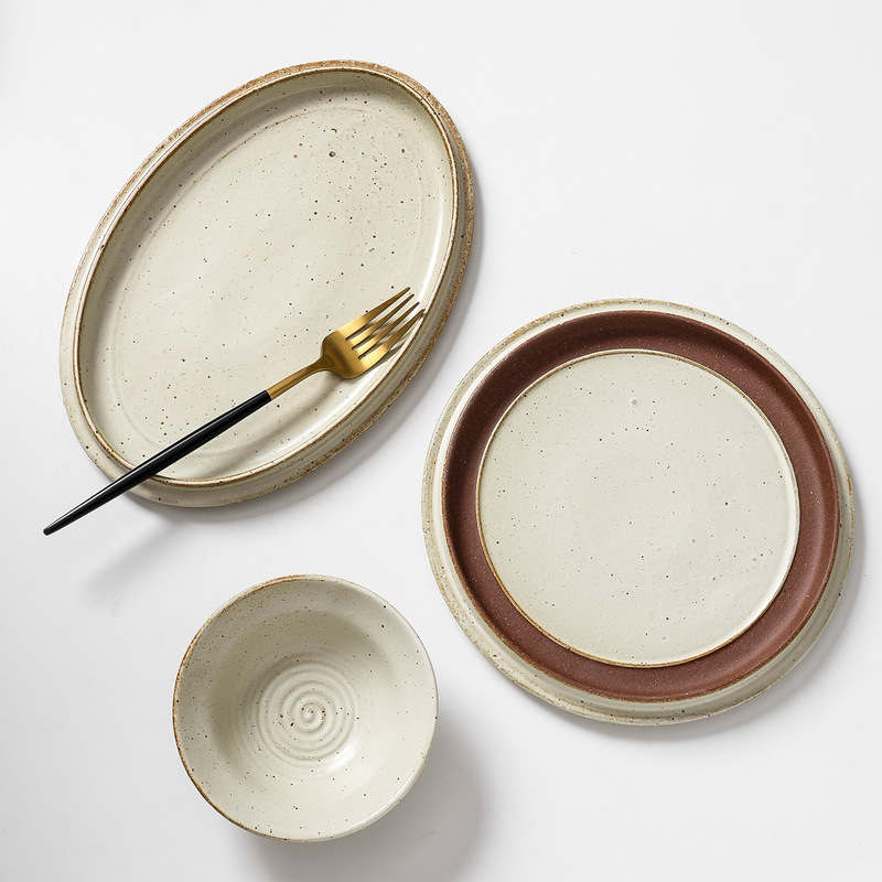 Rustic Style Commercial Beef Hot Pot Tableware Restaurant Hotel Barbecue Shop Coarse Pottery Rice Bowls and Plates Set