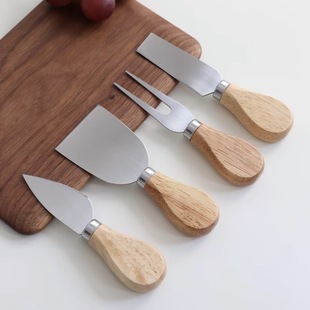 Factory wholesale stainless steel cheese knife four-piece set wooden handle cream cutter pizza knife cheese knife cross-border