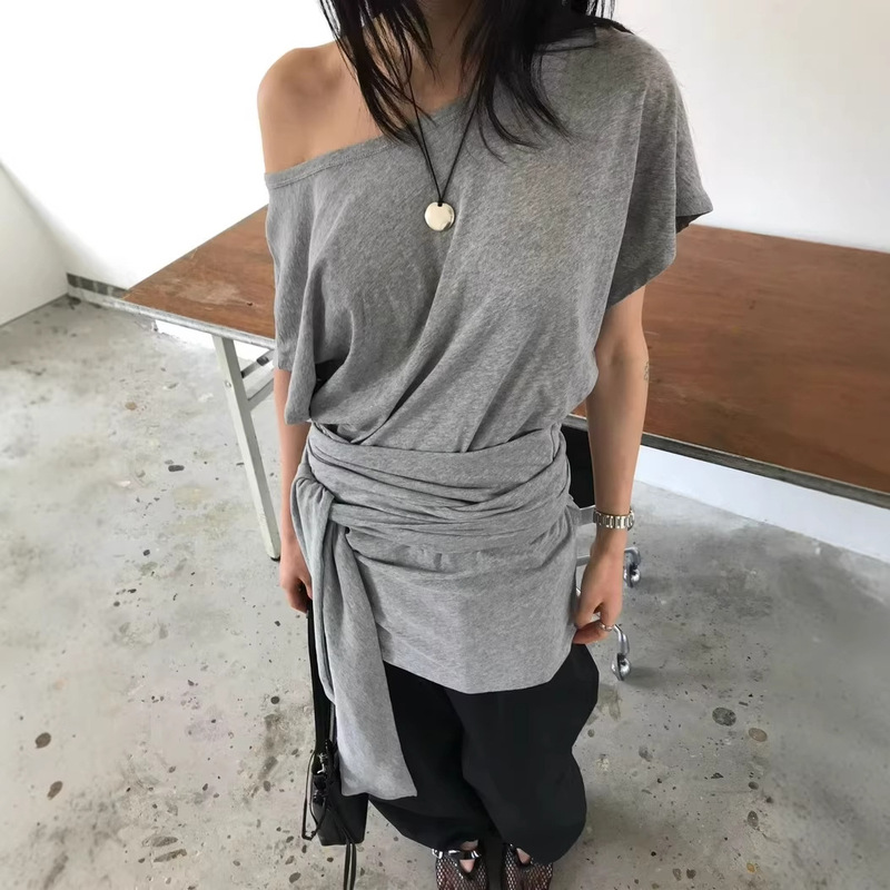 Mona·Xh Korean-Style Design Off-Shoulder Top, Dongdaemun Summer New Style, Waist-Tie Short-Sleeve T-Shirt for Women