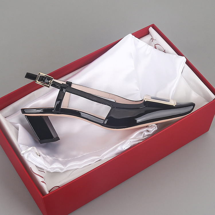 Top European and American Rv Metal Square Buckle High Heels Cow Patent Leather 4.5cm Thick Heel One-Line Buckle Strap Back Empty Sandals for Women