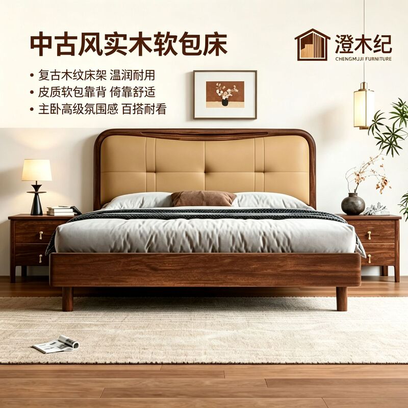 New mid-century style solid wood upholstered storage bed with a large capacity and a hydraulic flip-top design, suitable for a master bedroom New mid-century style solid wood upholstered storage bed with a large capacity and a hydraulic flip-top design, suitable for a master bedroom