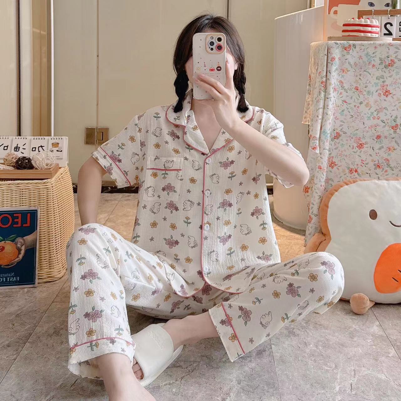 Pajamas de espuma tejidos de verano de algodón pantalones largos de mangas cortas ropa para el hogar de verano delgada de algodón conjunto de dos piezas