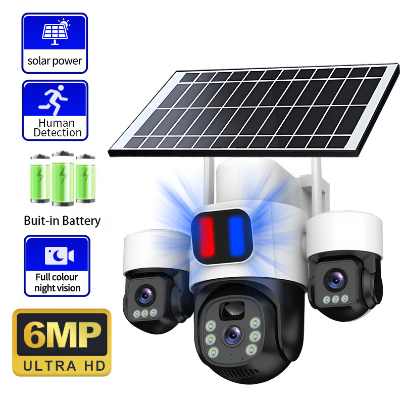 Outdoor Red and Blue Light Warning Trinocular Solar Camera Hd Smart Night Vision Monitoring Cross-Border Wireless Camera