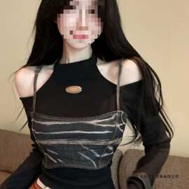 设计感小众牛仔小吊带拼接假两件长袖露肩挂脖T恤上衣女2025秋季