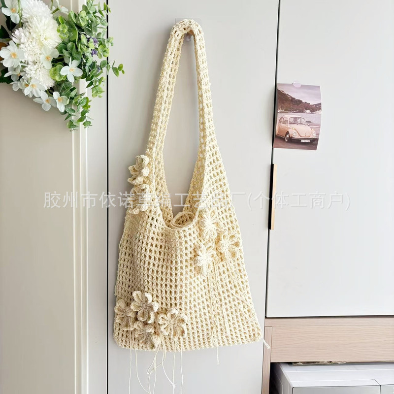 Finished Product New Crochet Shoulder Bag for Women, Summer Beach Vacation Hollow Flower Cotton Tote Bag, Straw Woven Bag Finished Product New Crochet Shoulder Bag for Women, Summer Beach Vacation Hollow Flower Cotton Tote Bag, Straw Woven Bag